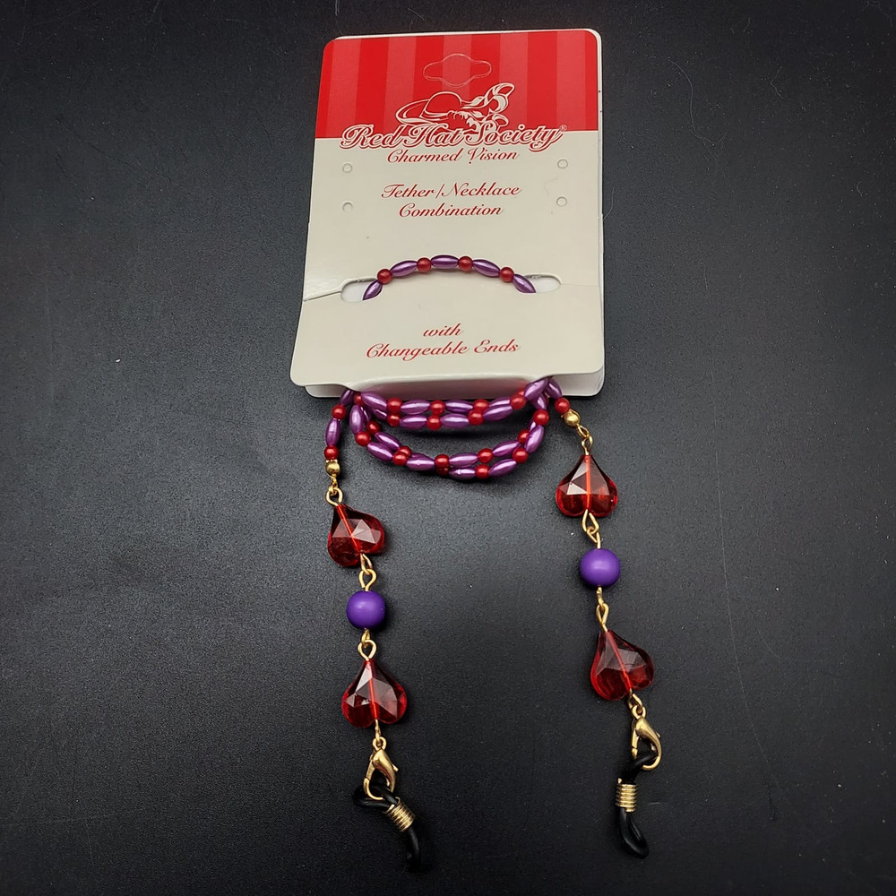 Red Hat Society EyeGlass Chains Purple Red Heart Charms Faux Pearl NOS - Picture 8 of 10